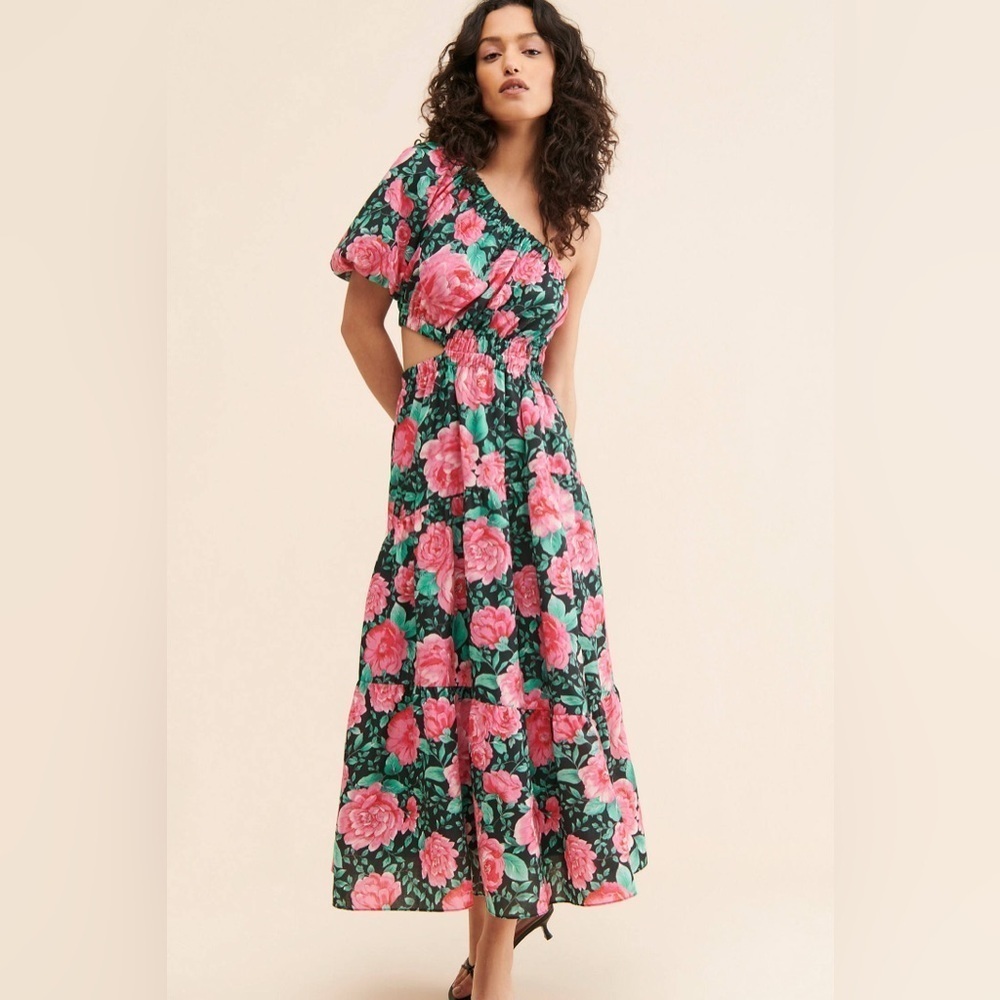 NWT Moon River Pink Floral Puff One Shoulder Cut Out Maxi Dress Size XS